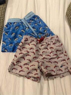 🦞 Properly Tied Lobster Print Swim Trunks + Blue Marlin Swim Trunks EUC🐟